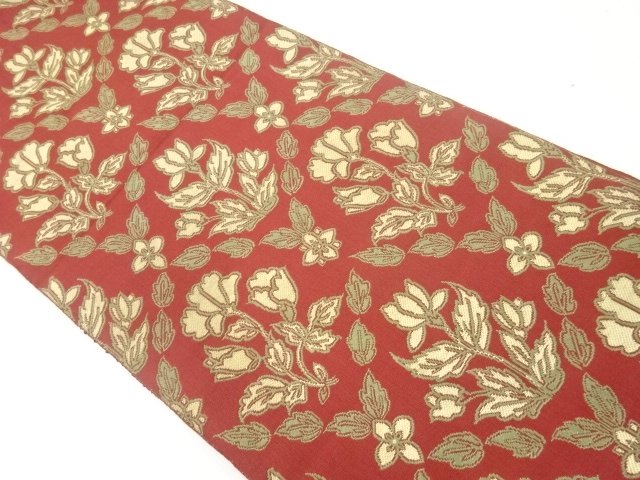 JAPANESE KIMONO / ANTIQUE FUKURO OBI / WOVEN FLORAL PLANTS